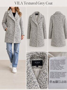 VILA Grey Bouclé Textured Wool Blend Coat – Size M